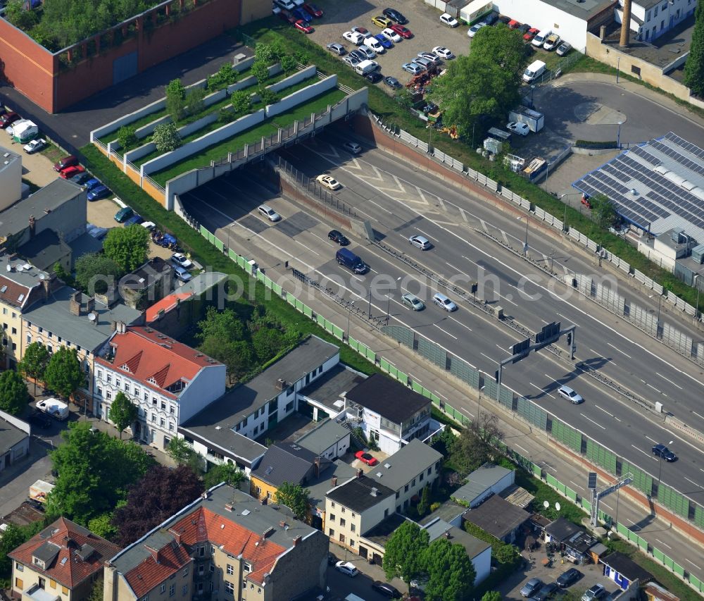 Berlin Neukölln from above - Entrance to the tunnel of the highway - A100 city motorway / E36 to Buschkrugallee in Berlin Neukoelln