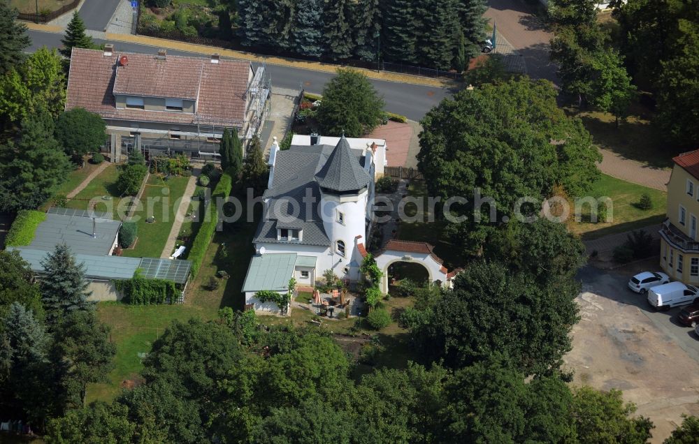 Aerial image Glaubitz - Single-family house in the style of a little castle with a tower and spire in Glaubitz in the state Saxony