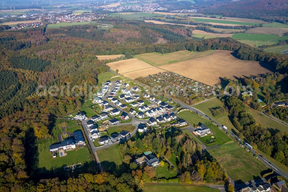 Arnsberg from above - Construction site for the new construction of a detached house in a family house - settlement a??Dollberga?? Zum Dollberg in the district Neheim in Arnsberg in the state North Rhine-Westphalia, Germany