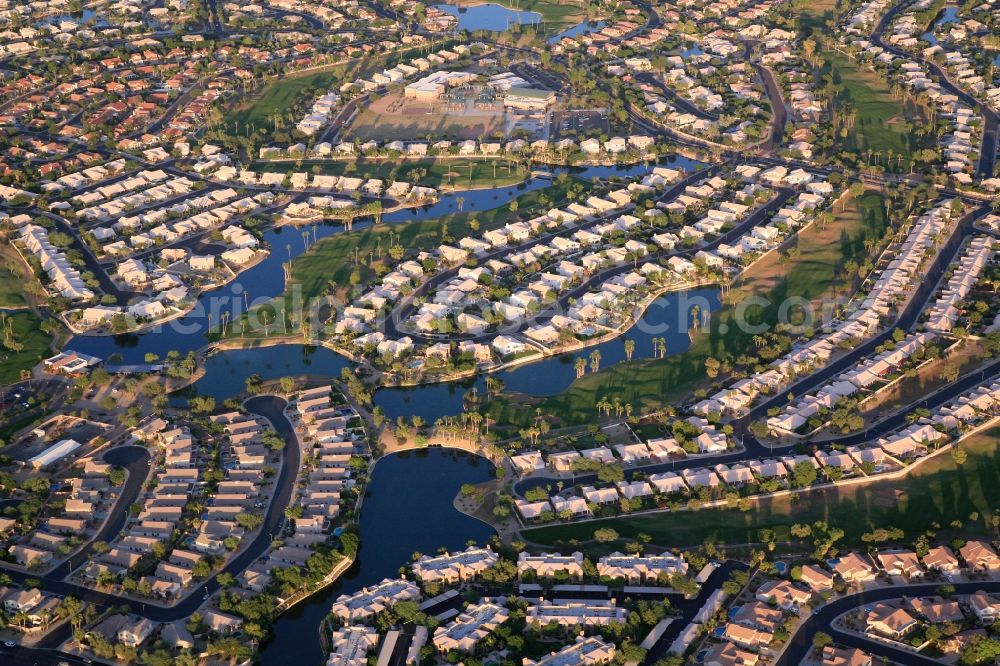 Glendale from above - Residential development in the greater Phoenix area in Glendale, Arizona in USA. Dense development, close neighborhood, but also generous development with lakes and countryside