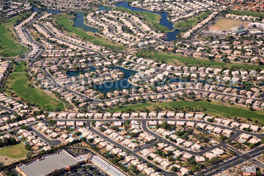 Aerial image Glendale - Residential development in the greater Phoenix area in Glendale, Arizona in USA. Dense development, close neighborhood, but also generous development with lakes and countryside