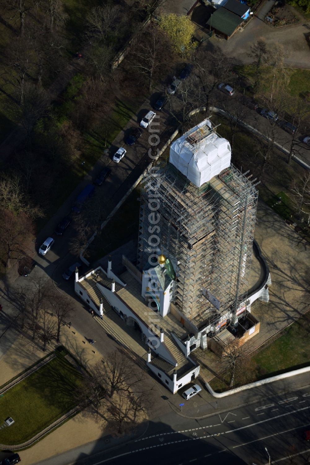 Leipzig from above - Rehabilitation works of the Russian - Orthodox Memorial Church in Leipzig in Saxony