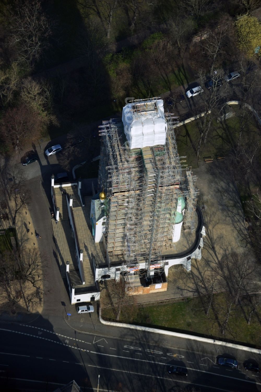 Leipzig from the bird's eye view: Rehabilitation works of the Russian - Orthodox Memorial Church in Leipzig in Saxony