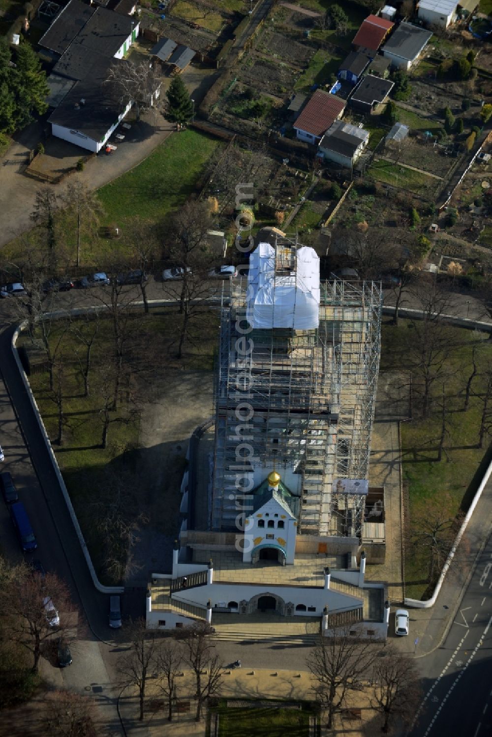 Aerial photograph Leipzig - Rehabilitation works of the Russian - Orthodox Memorial Church in Leipzig in Saxony