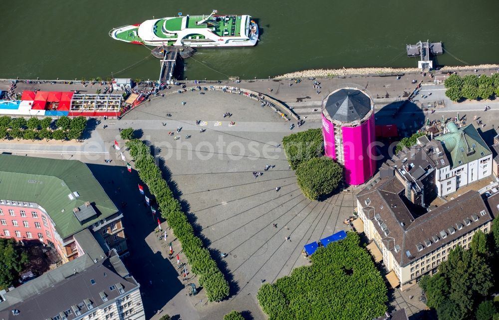 Düsseldorf from above - Scaffolding on the historic Schlossturm tower on the riverbank of the Rhine in Duesseldorf in the state of North Rhine-Westphalia. The panorama ship MS Warsteiner of KD is located in the background