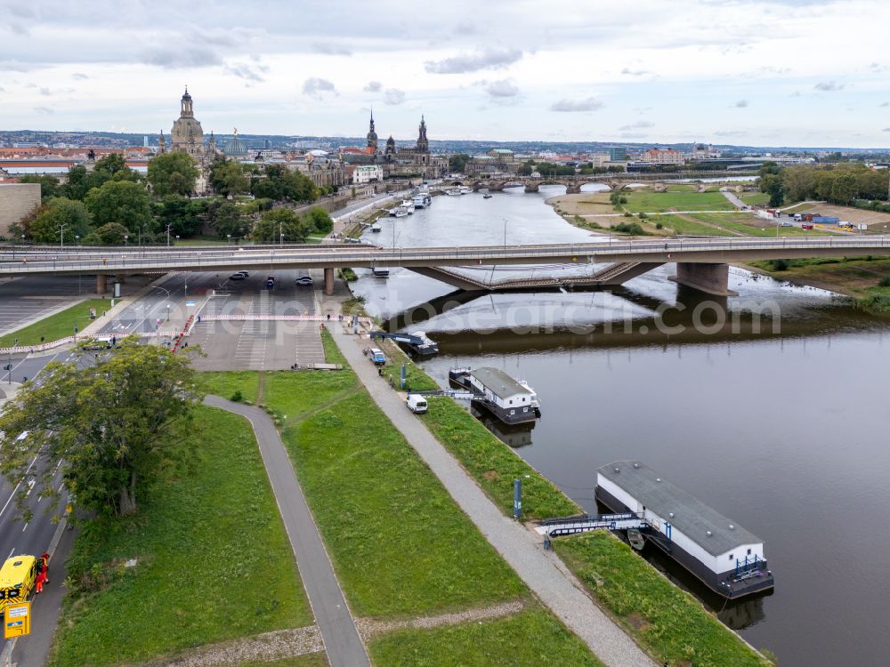 Dresden from the bird's eye view: Concrete segments of the collapsed river bridge structure for crossing the Elbe Carolabruecke on the street Carolabruecke in Dresden in the federal state of Saxony, Germany, have fallen down into the riverbed of the Elbe