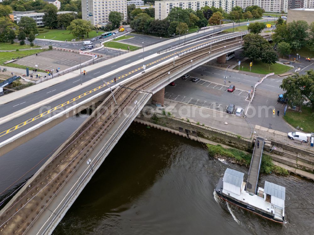 Aerial photograph Dresden - Concrete segments of the collapsed river bridge structure for crossing the Elbe Carolabruecke on the street Carolabruecke in Dresden in the federal state of Saxony, Germany, have fallen down into the riverbed of the Elbe