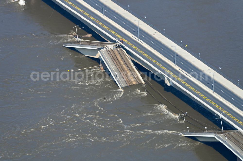 Dresden from the bird's eye view: Concrete segments of the collapsed river bridge structure for crossing the Elbe Carolabruecke on the street Carolabruecke in Dresden in the federal state of Saxony, Germany, have fallen down into the riverbed of the Elbe