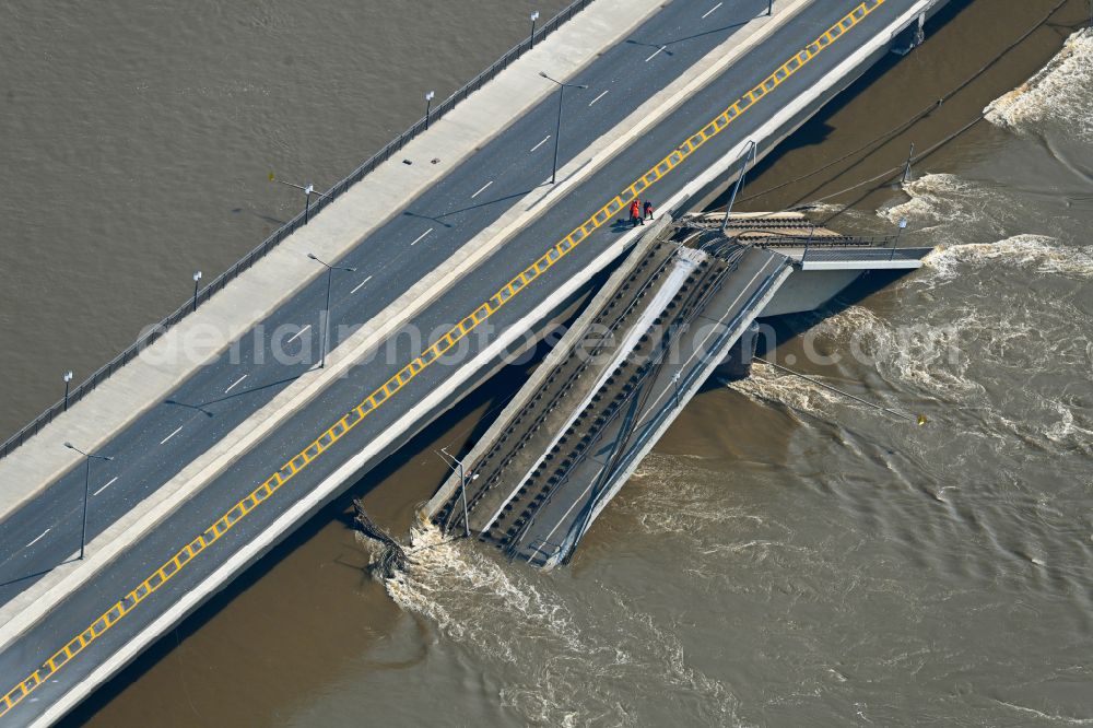 Dresden from above - Concrete segments of the collapsed river bridge structure for crossing the Elbe Carolabruecke on the street Carolabruecke in Dresden in the federal state of Saxony, Germany, have fallen down into the riverbed of the Elbe