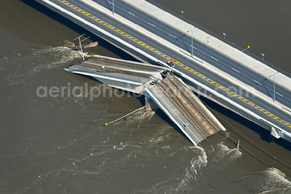 Dresden from above - Concrete segments of the collapsed river bridge structure for crossing the Elbe Carolabruecke on the street Carolabruecke in Dresden in the federal state of Saxony, Germany, have fallen down into the riverbed of the Elbe