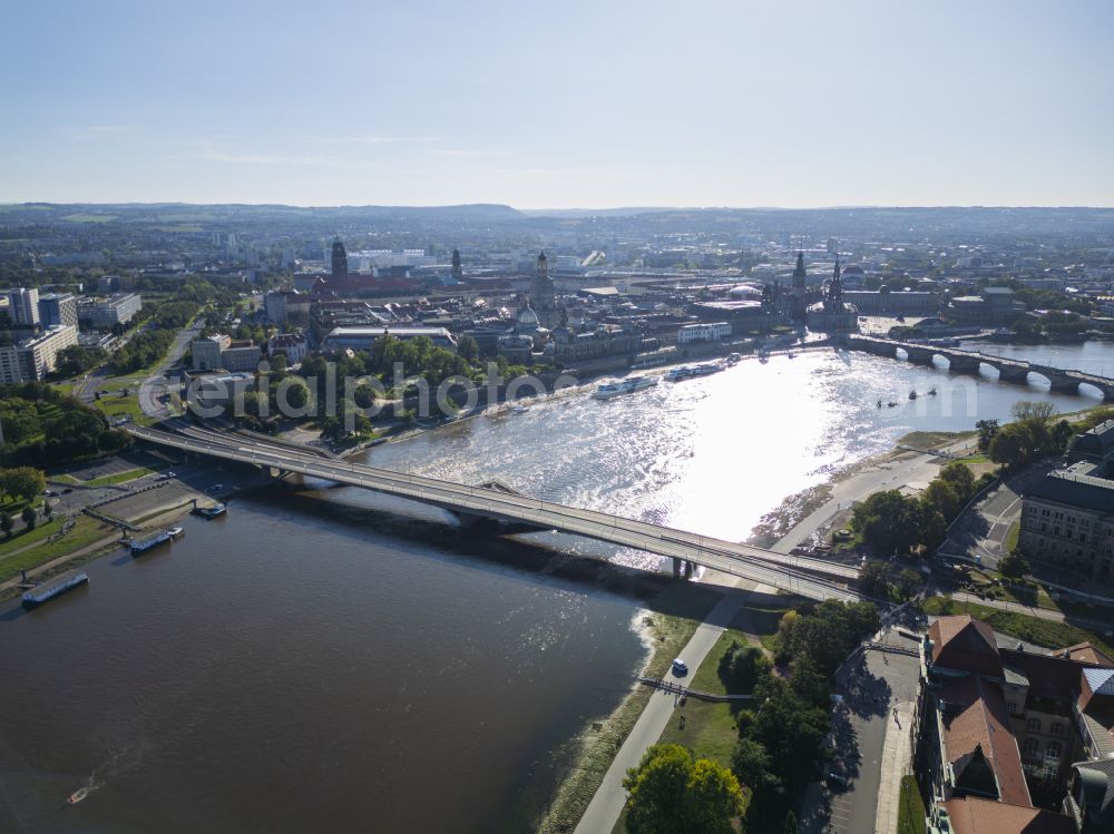 Aerial image Dresden - Concrete segments of the collapsed river bridge structure for crossing the Elbe Carolabruecke on the street Carolabruecke in Dresden in the federal state of Saxony, Germany, have fallen down into the riverbed of the Elbe