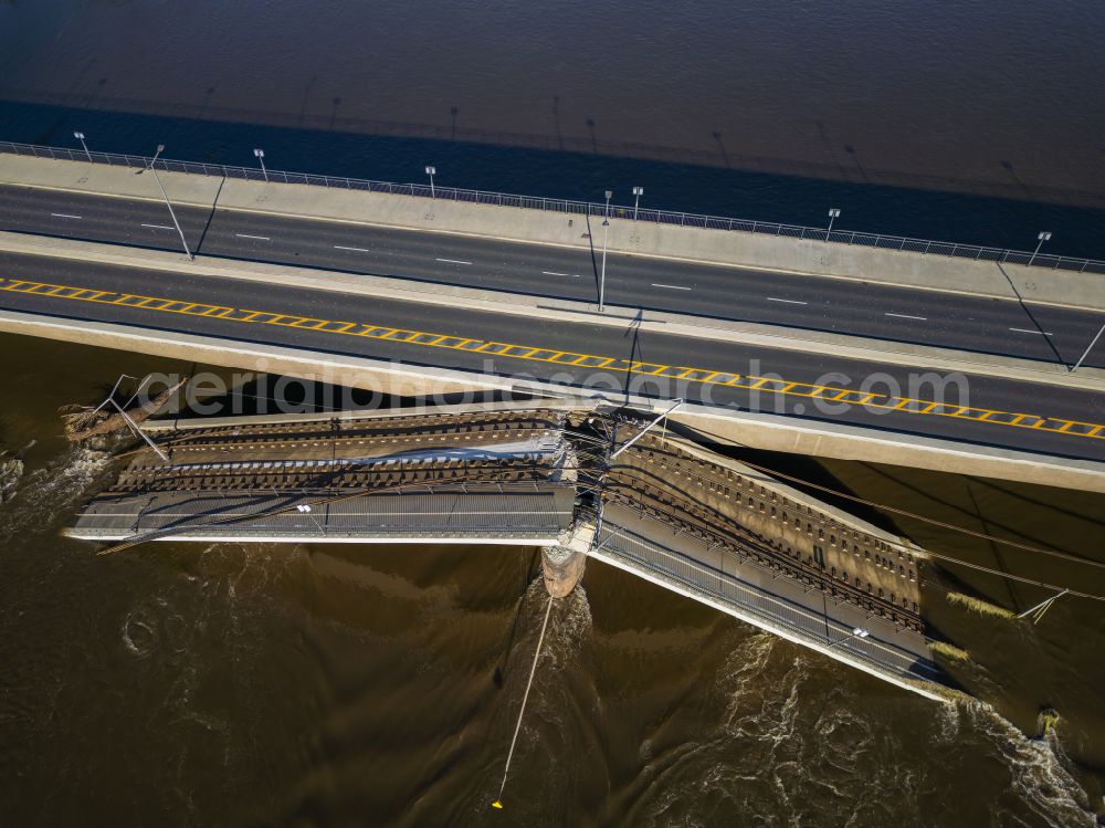 Aerial photograph Dresden - Concrete segments of the collapsed river bridge structure for crossing the Elbe Carolabruecke on the street Carolabruecke in Dresden in the federal state of Saxony, Germany, have fallen down into the riverbed of the Elbe