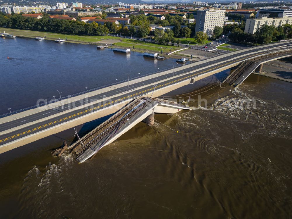 Dresden from the bird's eye view: Concrete segments of the collapsed river bridge structure for crossing the Elbe Carolabruecke on the street Carolabruecke in Dresden in the federal state of Saxony, Germany, have fallen down into the riverbed of the Elbe