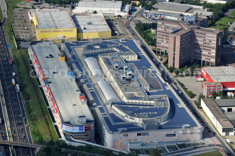 Aerial photograph Weiterstadt - Blick auf das Einkaufs- und Geschäftszentrum LOOP5 Shopping Centre an der Gutenbergstraße 5 in 64331 Weiterstadt an der Autobahn A5 Ausfahrt Weiterstadt. The shopping and business center LOOP5.