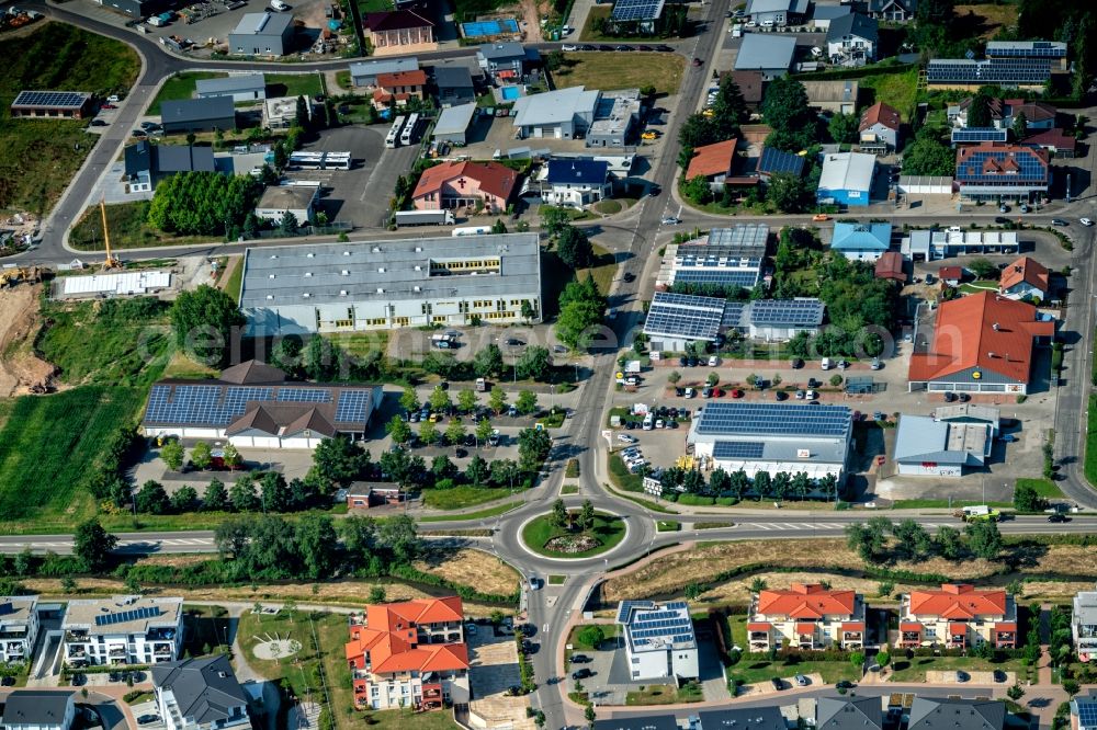 Ettenheim from above - Building of the shopping center Aldi Lidl and DM Markt in Ettenheim in the state Baden-Wurttemberg, Germany