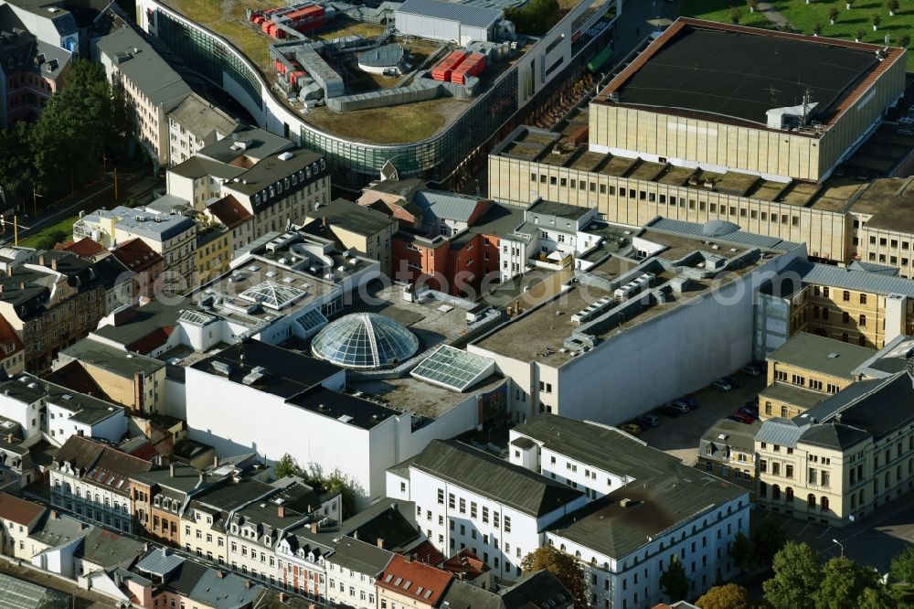 Gera from above - Building of the shopping center Amthor Passage in Gera in the state Thuringia, Germany