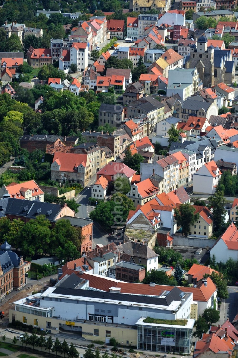 Zeitz from the bird's eye view: Building of the shopping center Bruehl-Center in Zeitz in the state Saxony-Anhalt, Germany