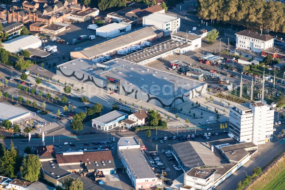 Aerial image Offenburg - Building of the shopping center Camping and Freizeit Kuhn GmbH in the district Waltersweier in Offenburg in the state Baden-Wuerttemberg, Germany