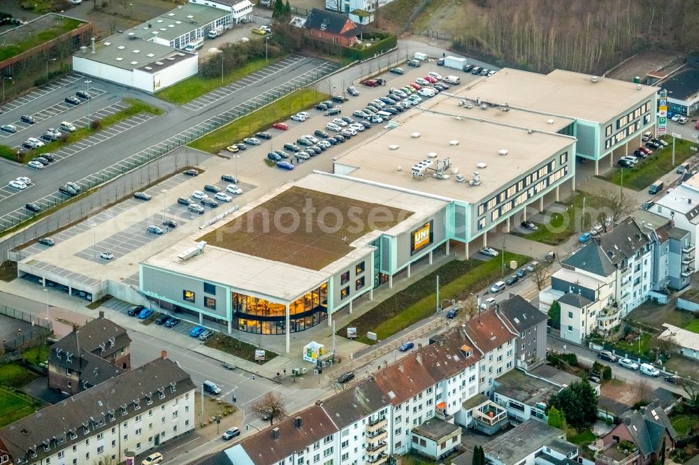 Aerial photograph Bochum - Building of the shopping center on Castroper Strasse in the district Bochum Mitte in Bochum in the state North Rhine-Westphalia, Germany