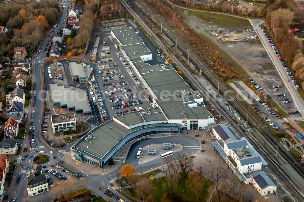 Aerial image Soest - Building of the shopping center City Center Soest at the train station in Soest in the state North Rhine-Westphalia, Germany