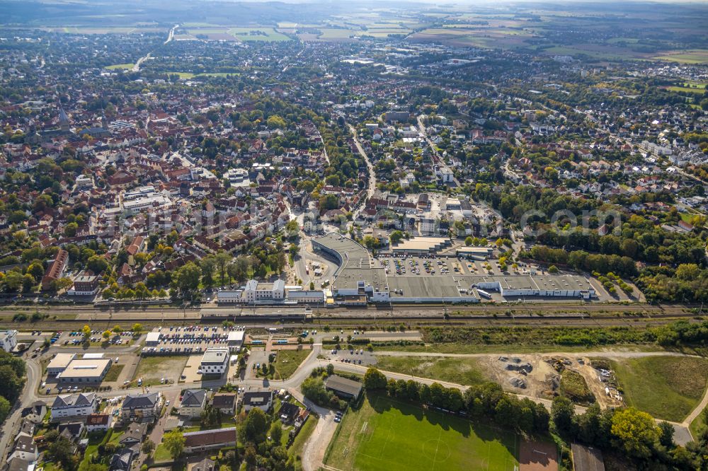 Aerial image Soest - Building of the shopping center City Center Soest at the train station in Soest in the state North Rhine-Westphalia, Germany