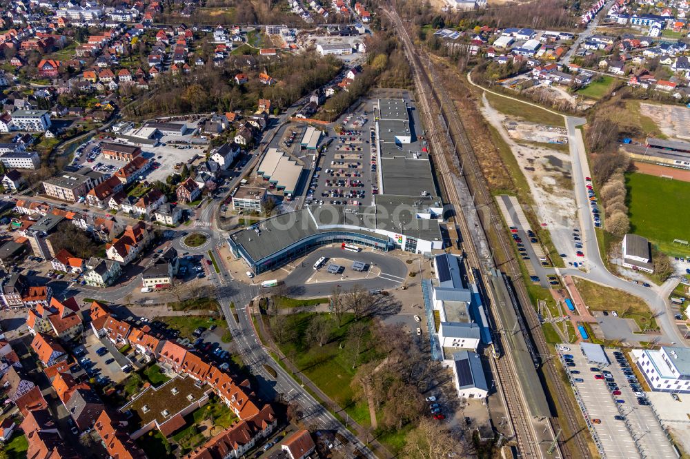 Aerial image Soest - Building of the shopping center City Center Soest at the train station in Soest in the state North Rhine-Westphalia, Germany