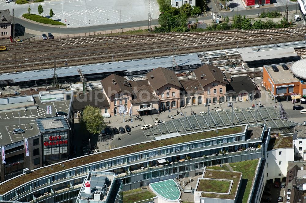 Siegen from above - Building of the shopping center City-Galerie Siegen on train station in Siegen in the state North Rhine-Westphalia, Germany