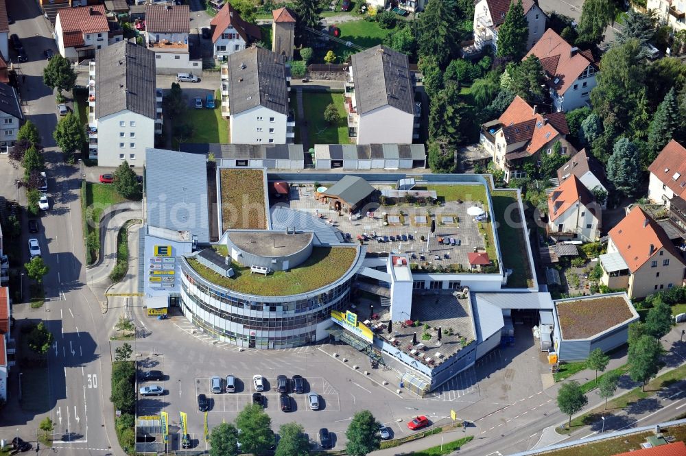 Besigheim from above - Building of the shopping center EDEKA Center on Riedstrasse in Besigheim in the state Baden-Wuerttemberg, Germany