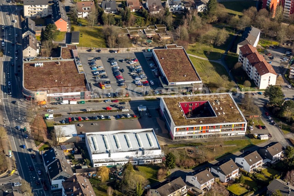 Witten from above - Building of the shopping center of EDEKA ZENTRALE AG & Co. KG and of ALDI Einkauf GmbH & Co. OHG on Bommerfelof Ring in Witten in the state North Rhine-Westphalia, Germany