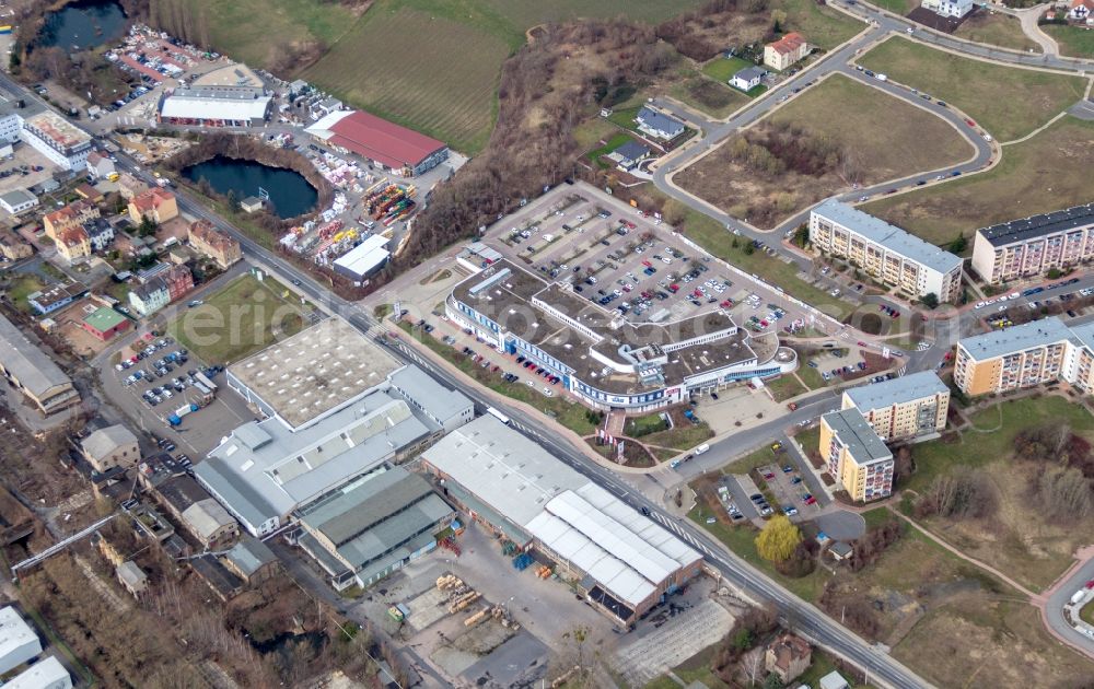 Meißen from above - Building of the shopping center Elbe Center in Meissen in the state Saxony, Germany