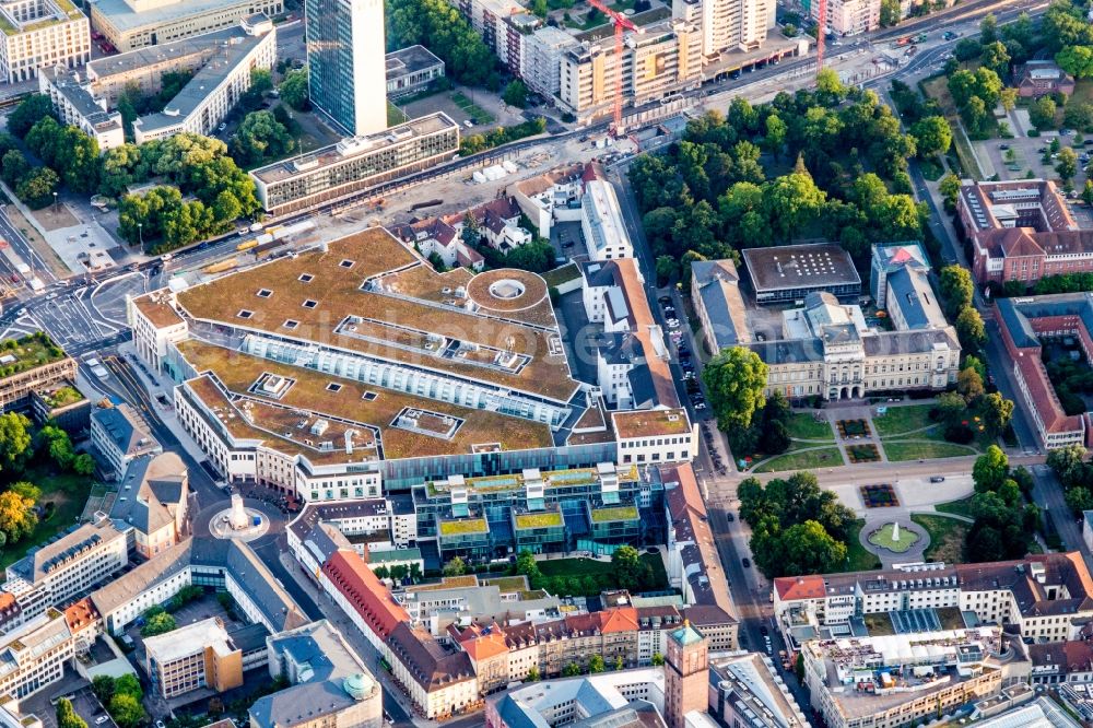 Karlsruhe from above - Building of the shopping center Ettlinger Tor Center in Karlsruhe in the state Baden-Wurttemberg, Germany