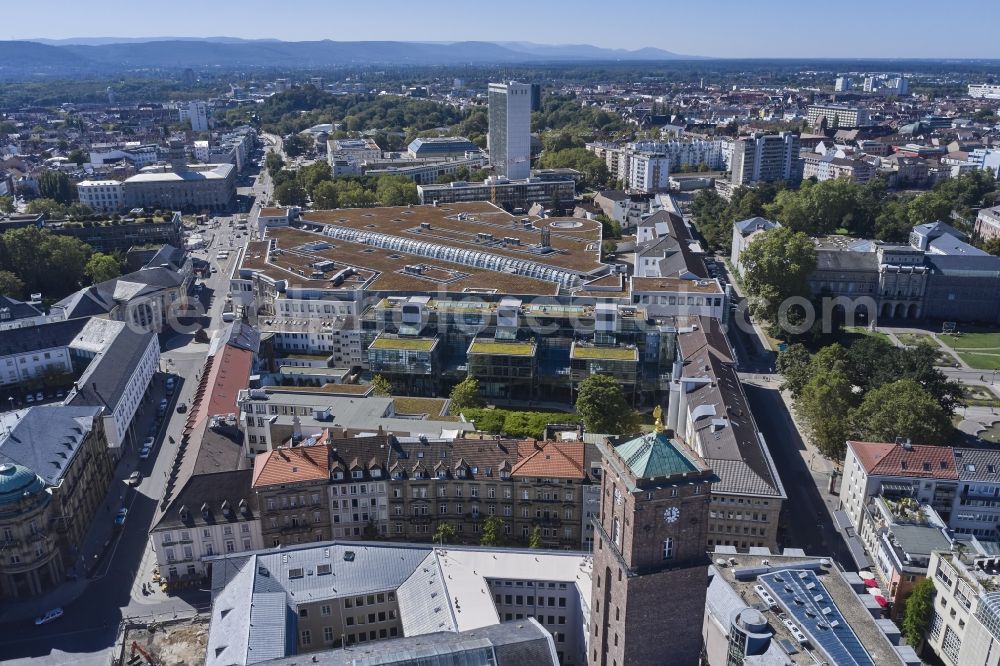 Karlsruhe from above - Building of the shopping center Ettlinger Tor in Karlsruhe in the state Baden-Wurttemberg, Germany