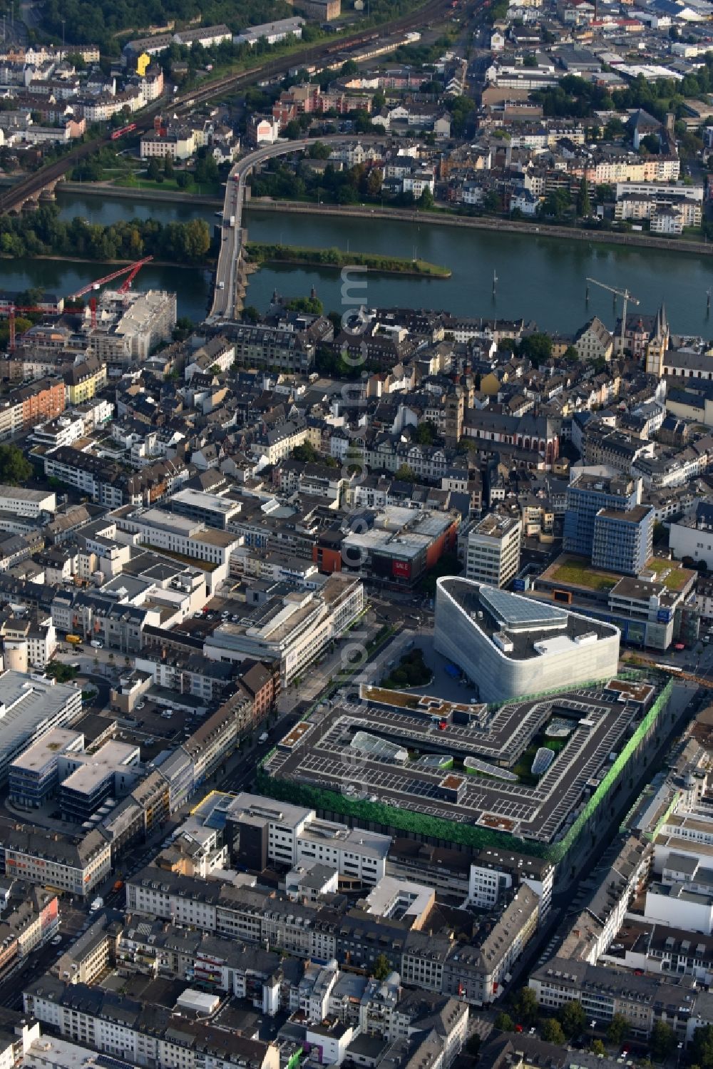 Koblenz from above - Building of the shopping center Forum Mittelrhein Koblenz and of Gebaeudekomplex of Romanticum Koblenz on Zentralplatz in Koblenz in the state Rhineland-Palatinate, Germany