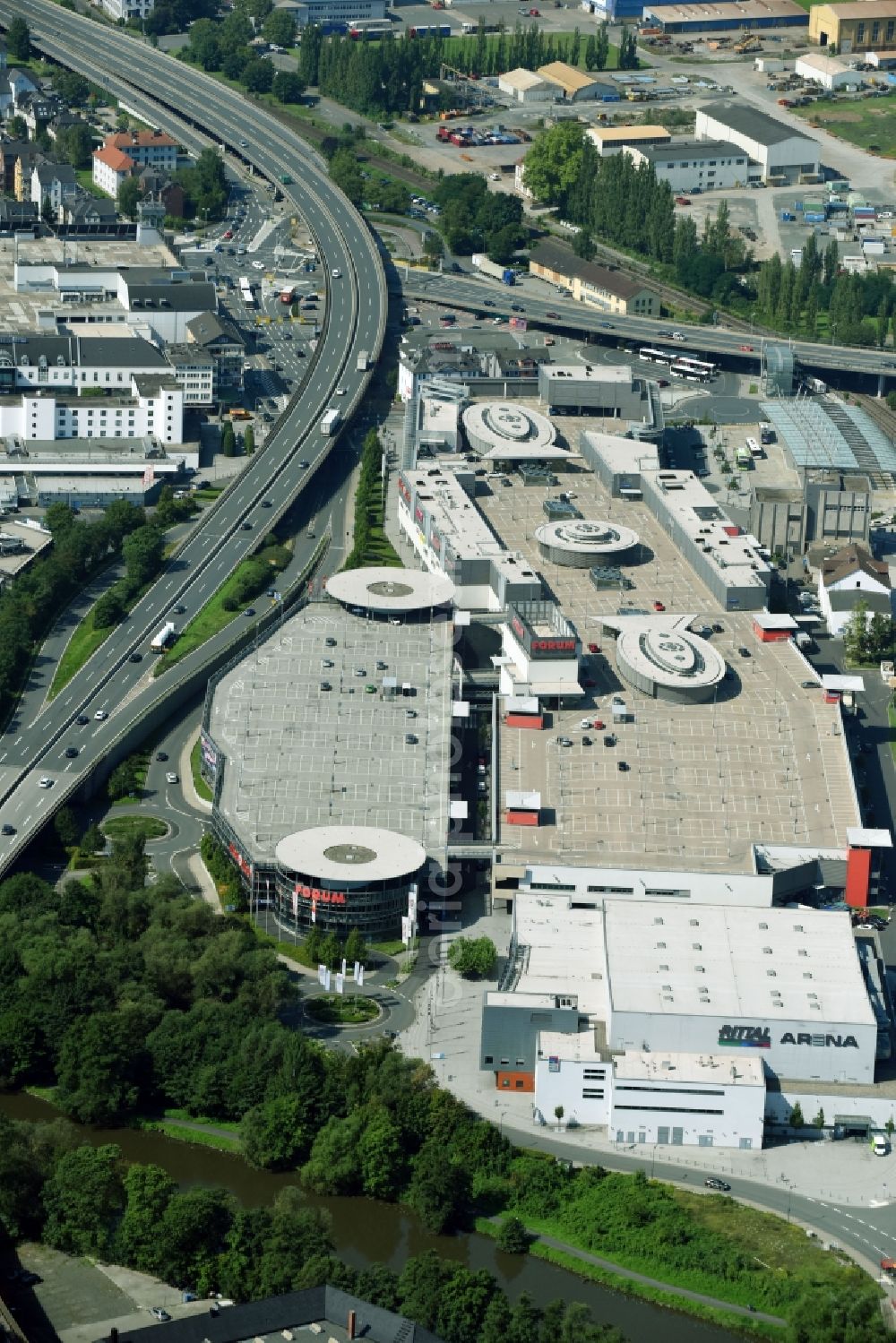 Aerial image Wetzlar - Building of the shopping center Forum Wetzlar in Wetzlar in the state Hesse, Germany