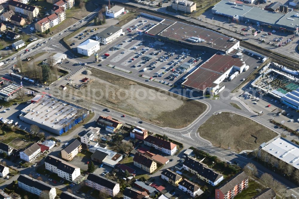 Bad Säckingen from above - Building of the shopping center and industrial Area Brennet Park in Bad Saeckingen in the state Baden-Wurttemberg, Germany