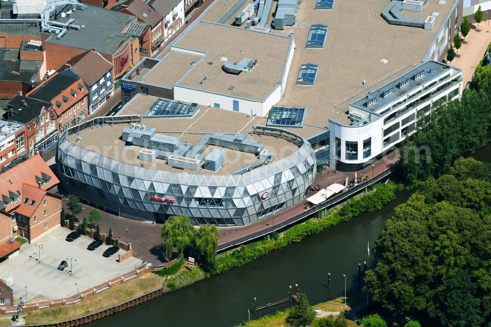 Meppen from above - Building of the shopping center MEP - Meppener Einkaufspassage along the Bahnhofstrasse in Meppen in the state Lower Saxony, Germany