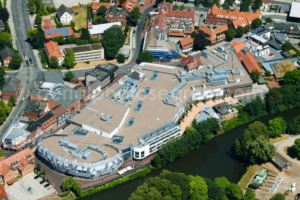 Aerial image Meppen - Building of the shopping center MEP - Meppener Einkaufspassage along the Bahnhofstrasse in Meppen in the state Lower Saxony, Germany