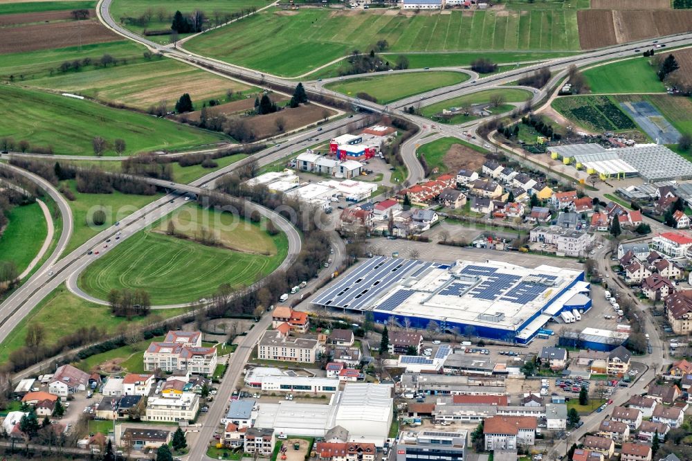 Gundelfingen from above - Building of the shopping center of Metro in Gundelfingen in the state Baden-Wurttemberg, Germany