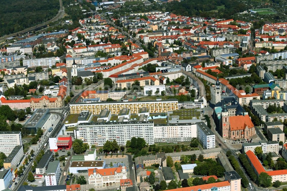 Dessau from above - Building of the shopping center Rathaus-Center Dessau on Kavalierstrasse in Dessau-Rosslau in the state Saxony-Anhalt, Germany