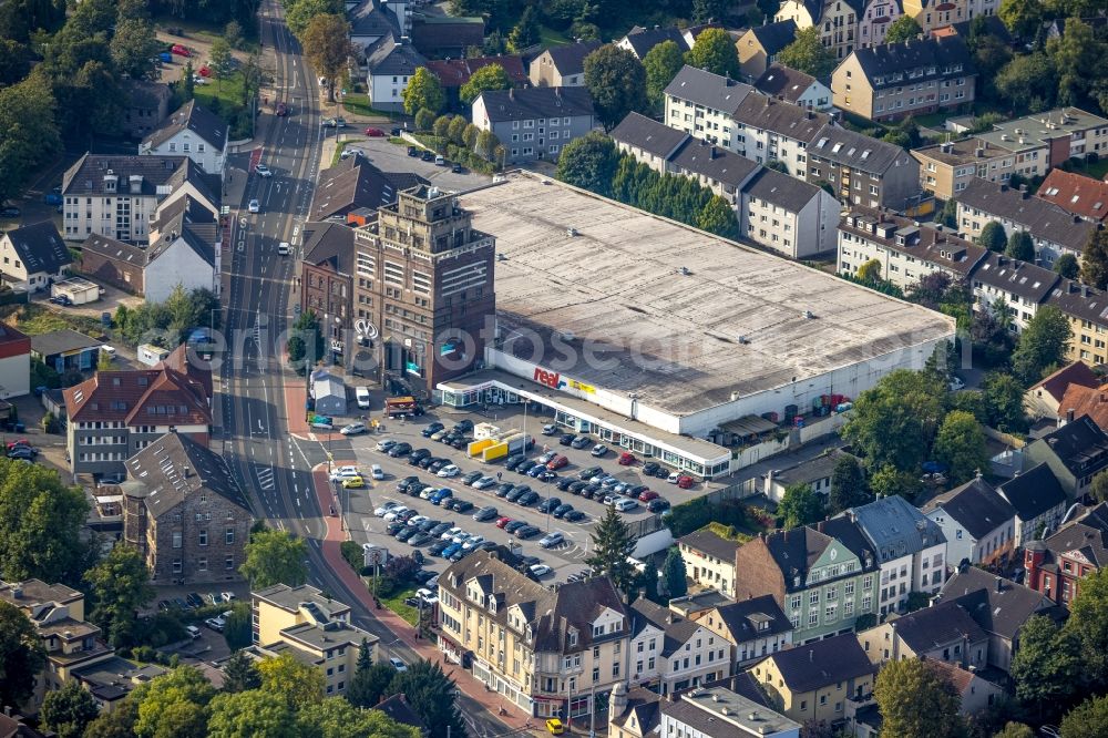 Aerial photograph Bochum - Building of the shopping center of real GmbH and das Matrix Bochum on Hauptstrasse in Bochum at Ruhrgebiet in the state North Rhine-Westphalia, Germany