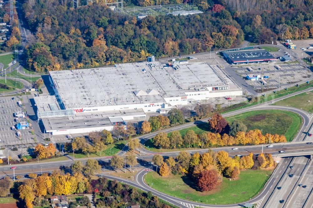 Aerial photograph Karlsruhe - Building of the shopping center real,- SB-Warenhaus GmbH and Saturn in the district Rintheim in Karlsruhe in the state Baden-Wuerttemberg, Germany