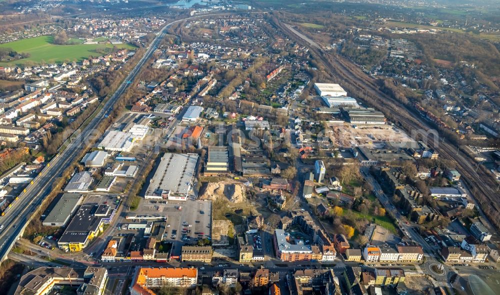 Aerial image Herne - Building of the shopping center REWE Center on Bahnhofstrasse in Herne in the state North Rhine-Westphalia, Germany