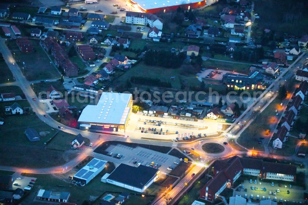 Gardelegen from the bird's eye view: Building of the shopping center REWE - Markt and Nahversorgungszentrum in Gardelegen in the state Saxony-Anhalt, Germany