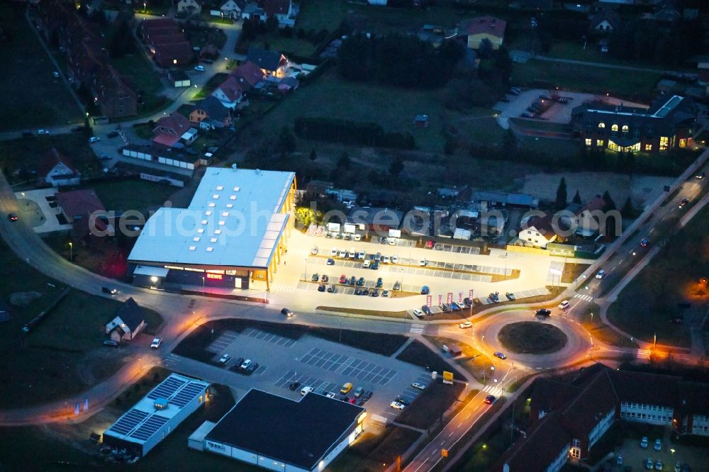 Aerial image Gardelegen - Building of the shopping center REWE - Markt and Nahversorgungszentrum in Gardelegen in the state Saxony-Anhalt, Germany