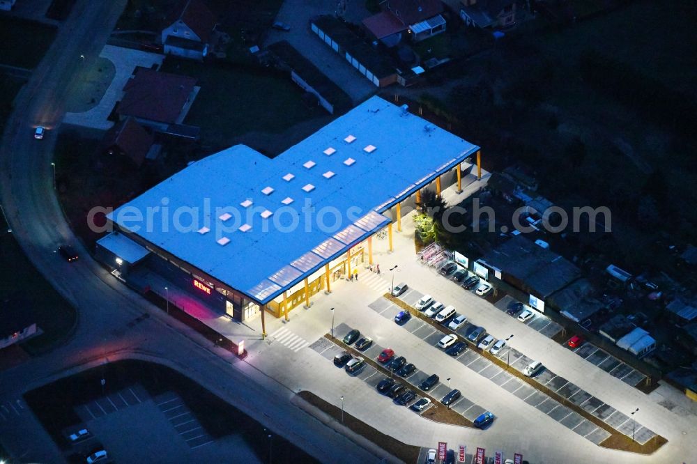 Gardelegen from the bird's eye view: Building of the shopping center REWE - Markt and Nahversorgungszentrum in Gardelegen in the state Saxony-Anhalt, Germany