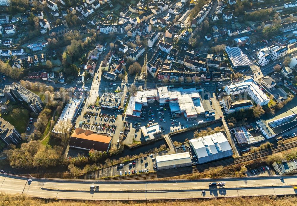 Hagen from the bird's eye view: Building of the shopping center REWE Kaufpark on Eilper Strasse in Hagen in the state North Rhine-Westphalia, Germany