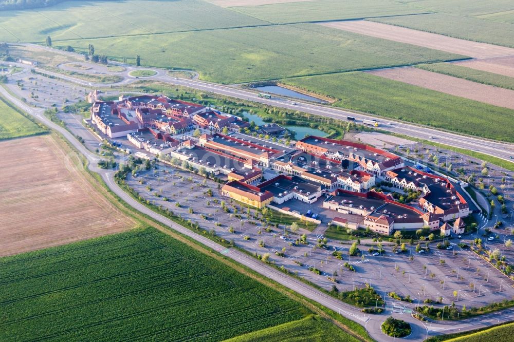 Roppenheim from above - Building of the shopping center Roppenheim The Style Outlets in Roppenheim in Grand Est, France