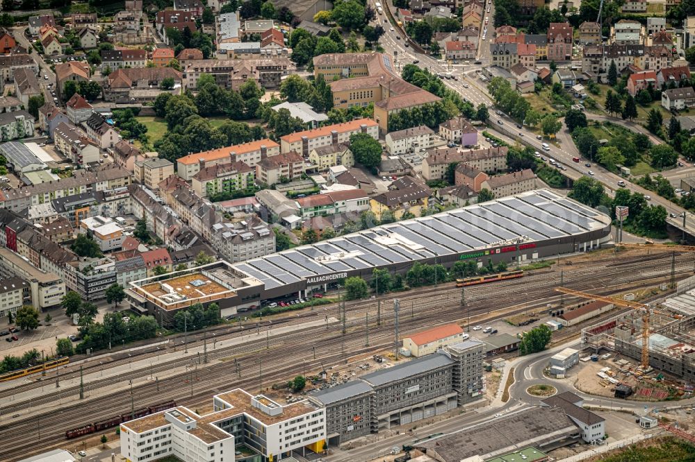 Bruchsal from above - Building of the shopping center Saalbachcenter in Bruchsal in the state Baden-Wurttemberg, Germany