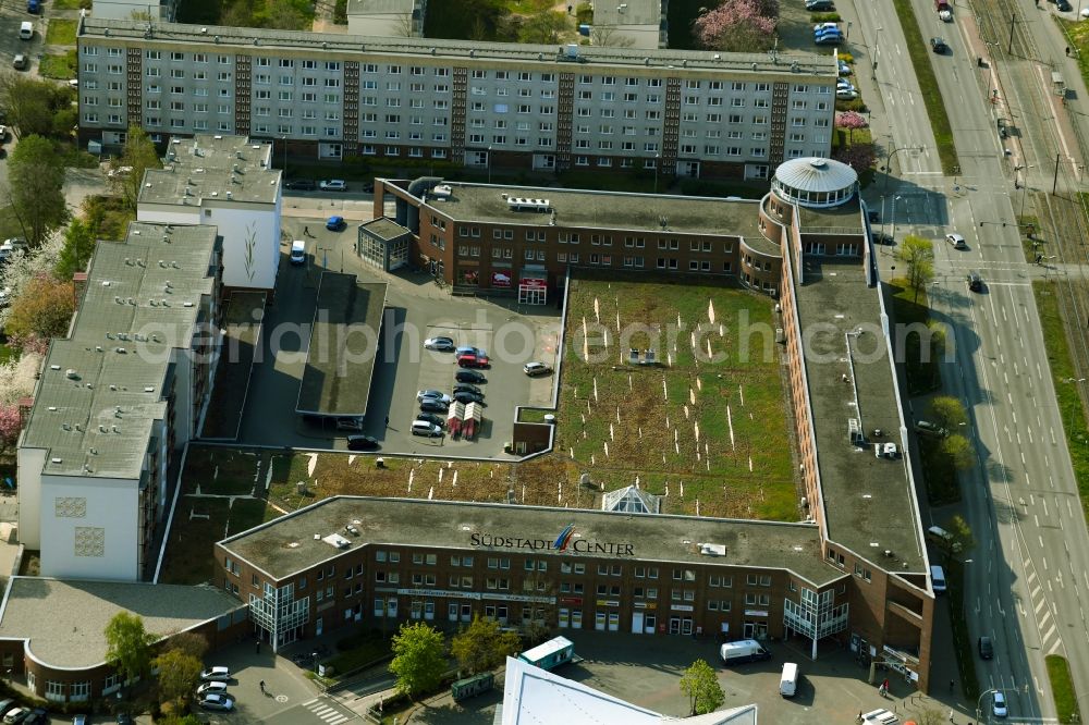 Rostock from above - Building of the shopping center Suedstadt Center on Nobelstrasse in Rostock in the state Mecklenburg - Western Pomerania, Germany