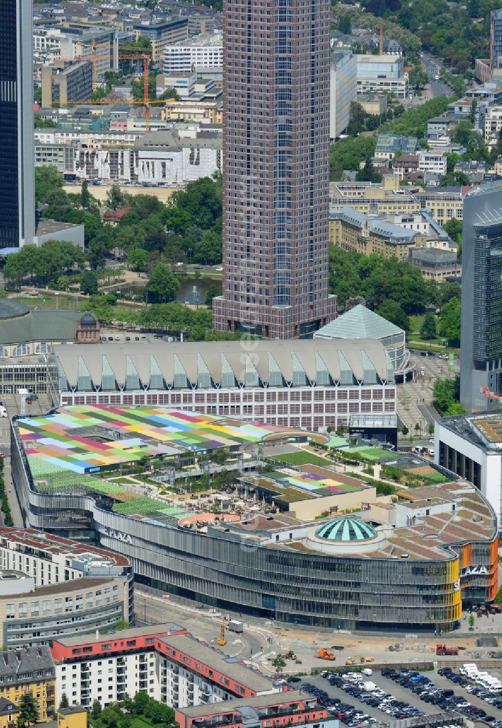 Frankfurt am Main from above - Building of the shopping center Skyline Plaza on Europa - Allee in the district Gallus in Frankfurt in the state Hesse, Germany